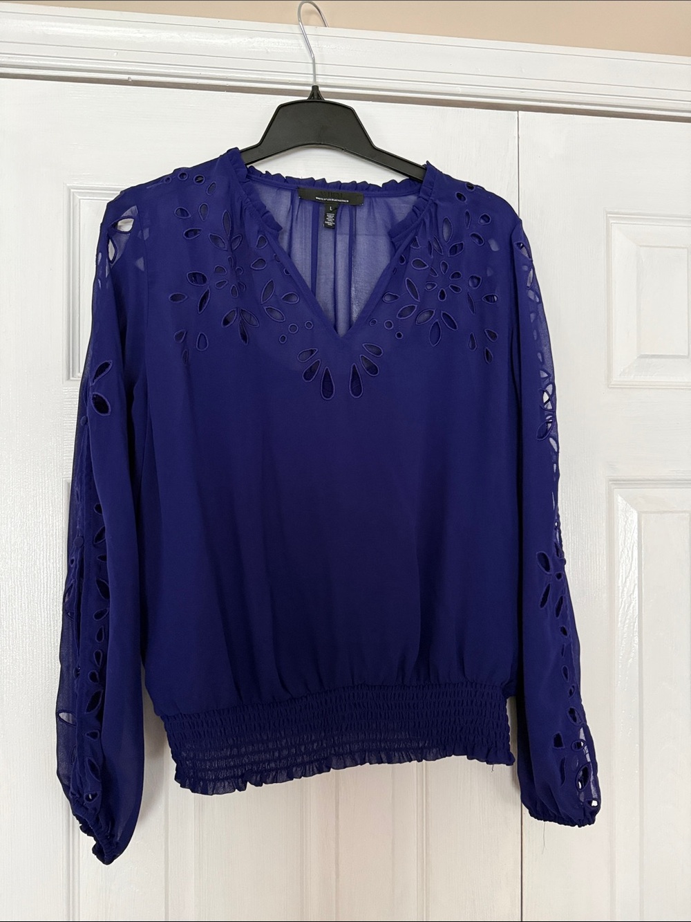 White House Black Market Deep Blue Purple Laser-Cut Blouse size Large